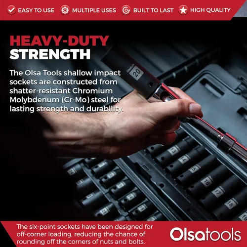 Vista 4 de Olsa Tools Juego de dados de impacto poco profundo Cr-Mo de 12 pulgada CrMo de grado profesional Métrico de 6 puntos 15 piezas de 0.394 in a