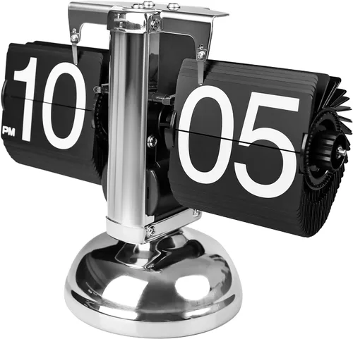 Reloj de Escritorio Abatible, Reloj de Mesa Retro Vintage con Giro Automático, Reloj Mecánico de Números Grandes con Batería, Operado por Engranaje