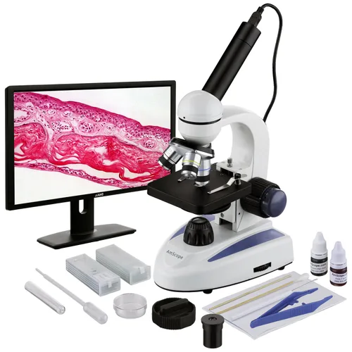 AmScope - Microscopio para estudiantes de vidrio metálico de ciencia de biología 40X-1000X con cámara digital USB + kit de preparación de
