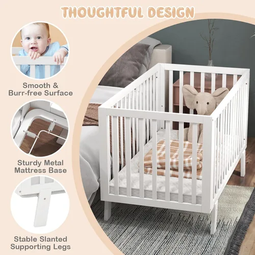 Vista 4 de BABY JOY Cuna de madera para bebé, cuna de madera de goma con base de soporte de colchón ajustable de 3 alturas y barandillas de longitud completa
