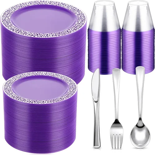 Vista 5 de Norme Juego de vajilla de plástico desechable de 300 piezas, 100 platos de plástico, 150 cuchillos, tenedores y cucharas con 50 vasos con borde