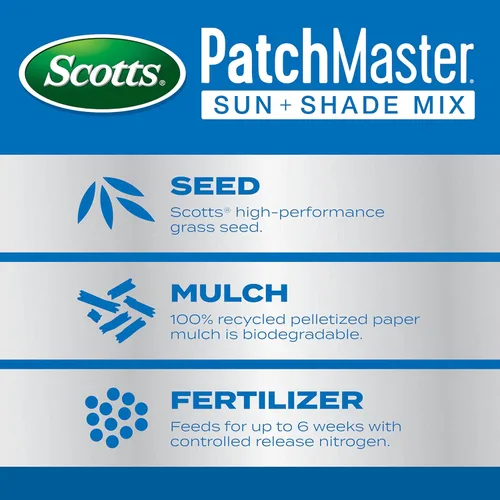Vista 2 de Scotts PatchMaster - Mezcla de reparación de césped Sun + Shade Mix, combinación de semillas de hierba, fertilizante y mantillo, 4.75 libras