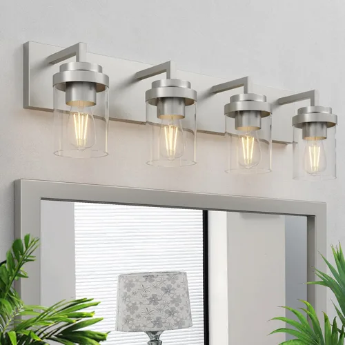 Vista 23 de Espird Accesorios de iluminación cromados, luz de tocador de baño de 3 luces con pantalla de vidrio transparente, luz de tocador moderna de 22