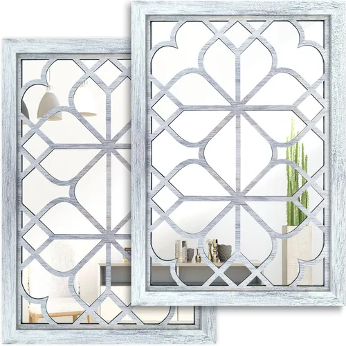 Vista 11 de Wocred Juego de 2 Espejos Rectangulares de Pared, Hermoso Espejo de Acento Rústico de Granja, Espejo de Entrada de Color Blanco para Renovación