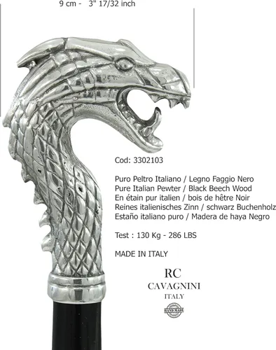 Vista 5 de HandMade Italy - Dragón bastón, bastón elegante, bastón color negro - Proporciona apoyo y estabilidad