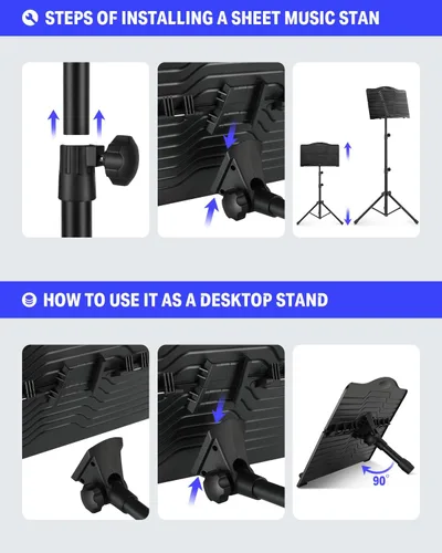 Vista 6 de Donner Soporte de partituras con luz, DMS-1 soporte de música portátil de metal, soporte de libro de música de mesa para guitarra, ukelele