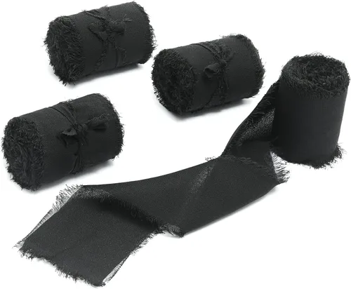 Vista 12 de 4 rollos de 1 pulgada de ancho x 5 yardas de largo, cinta de gasa con flecos hecha a mano, de chifón y seda, con bordes deshilachados