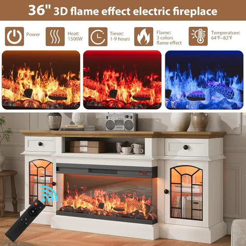 Vista 8 de QUW - Soporte de TV con chimenea estilo granja de 70" para televisores de hasta 80", centro de entretenimiento con chimenea eléctrica de 36" de 3