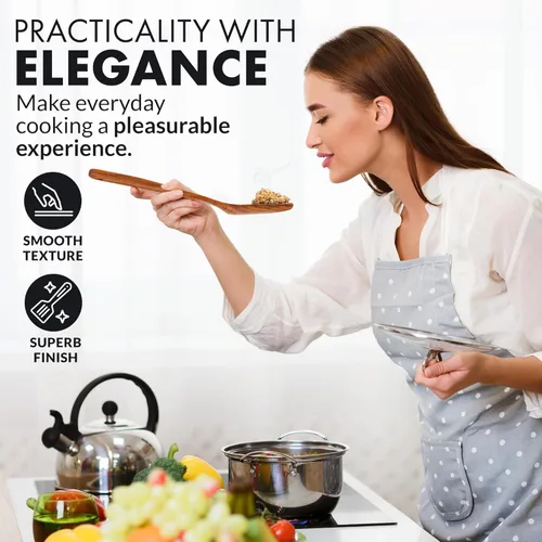 Vista 9 de Zulay Kitchen Juego de 5 cucharas de madera extragrandes - Utensilios de cocina de teca lisa - Cucharón, espátula, espumadera, tenedor, cuchara