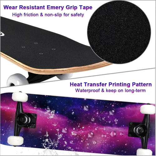 Vista 3 de ChromeWheels Patineta completa de 31 pulgadas, patineta de doble patada, 7 capas, arce canadiense para niños y principiantes