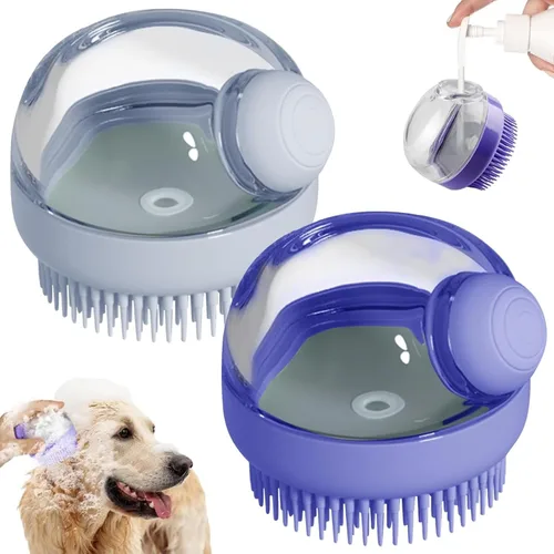 Vista 8 de Cepillo de baño para perros, 2 piezas de champú de masaje para mascotas, cepillo de baño con dispensador de jabón y champú, cerdas de silicona suave