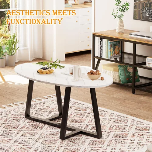Vista 8 de Wolawu Mesa auxiliar pequeña ovalada, mesa de mármol sintético blanco para sala de estar, mesas de té centrales modernas para espacios pequeños