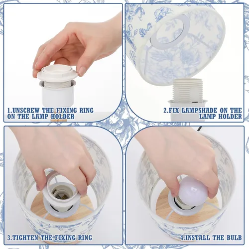 Vista 4 de VIHOSE - Lámpara de mesa azul floral para niños, lámpara de mesita de noche para dormitorio con pantalla de noche de lino y madera, lámpara