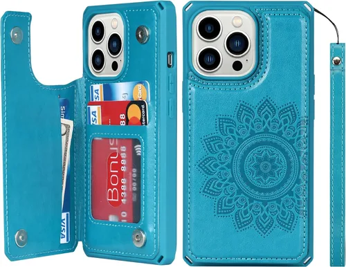 Vista 18 de iCoverCase Funda compatible con iPhone 13 Pro tipo cartera con tarjetero para mujer, bloqueo RFID en relieve, de piel sintética, con correa