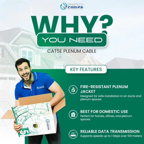 Vista 5 de Smartech Cables - Cable Plenum Cat5e de 1000 pies (CMP) - Cable de conductor sólido Cat5e de 1000 pies - 24 AWG, 350 MHz, 4 pares, cable Ethernet