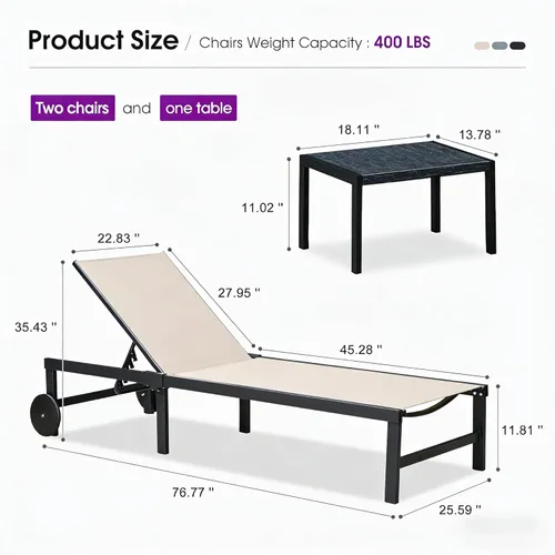 Vista 2 de PURPLE LEAF Juego de Sillas Tumbonas Reclinables para Exteriores, Silla Reclinable de Aluminio Ajustable con Ruedas y Mesa Auxiliar para Piscina