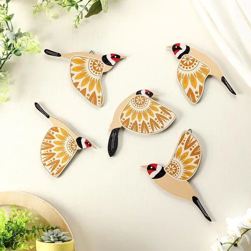 Vista 7 de Barydat 5 piezas de arte de pared de madera con pájaros voladores, decoración de pared de pájaros voladores, arte popular rústico, decoración