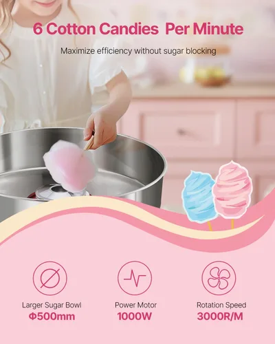 Vista 45 de VEVOR - Máquina eléctrica para hacer algodón de azúcar con carro, máquina comercial para hacer caramelo de 1000W con tazón de acero inoxidable