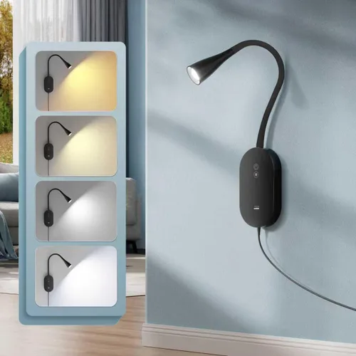 Vista 10 de deeloop Luz de lectura LED de montaje en pared para cama, lámpara de lectura con salida USB, 5 niveles de brillo, luces de libro de control táctil