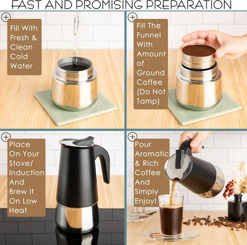 Vista 4 de Mixpresso Cafetera Espresso Greca Negra para Estufa de 6 Tazas 300ml/10oz, Olla Moka con Diseño de Percolador de Café, Cafetera de Acero Inoxidable