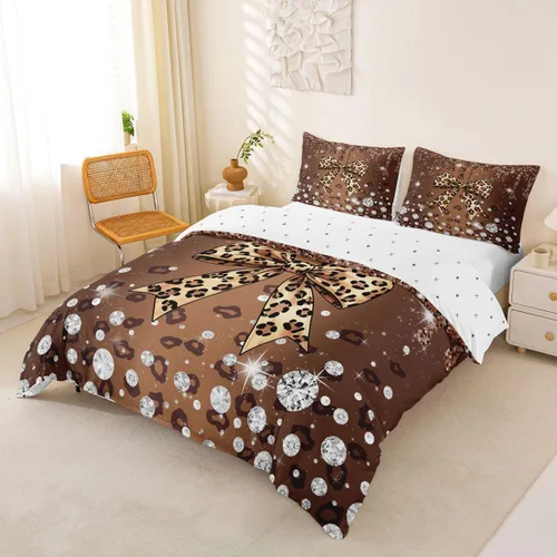 Vista 158 de Feelyou Coquette Bow Bedding Set Twin Size Leopared Bows Comforter Cover for Kids Teens Adults Glitter Diamond Blue Duvet Cover Cute Bowknot Room