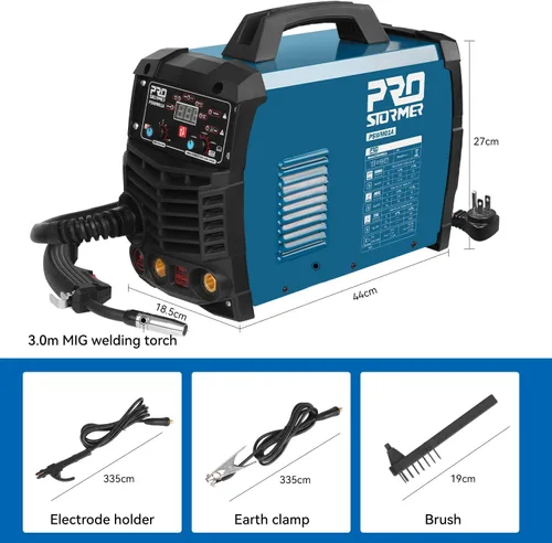 Vista 5 de Prostormer Máquina de soldar, MIG/TIG/MMA Soldador multifuncional 3 en 1 con pantalla digital, soporte de electrodos, abrazadera de tierra, cable