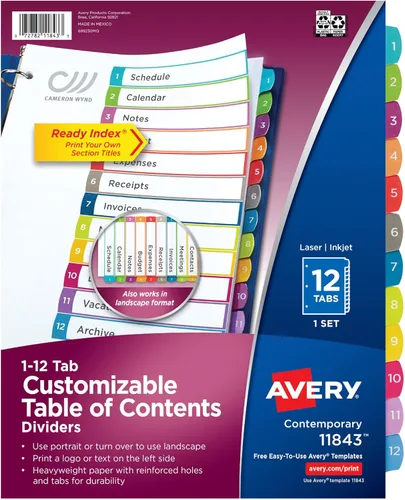 Avery Separadores para carpetas de 3 anillos, 12 pestañas por juego, tabla de contenido personalizable, pestañas arqueadas multicolor, ideal para