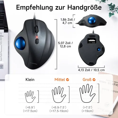 Vista 7 de SANWA Ratón de Trackball con cable, botones silenciosos y programables, bola ergonómica para reducir la tensión de la muñeca, control del pulgar