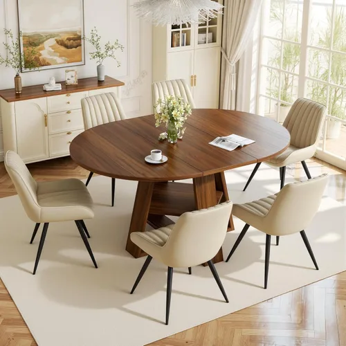 Vista 25 de Aivermel - Juego de mesa de comedor extensible redonda a ovalada para 4 a 6, mesa de cocina de madera con almacenamiento oculto y sillas tapizadas