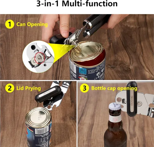 Vista 7 de Can Opener Manual, Stainless Steel Can Opener Smooth Edge, Food-Safe Manual Can Opener, Multifunction Bottle Openers with Non-Slip Handle & Large