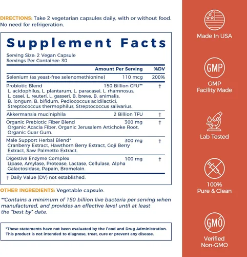 Vista 8 de NewRhythm Probióticos para hombres, con prebióticos, selenio, enzimas digestivas, Akkermansia Muciniphila, extracto de arándano, 150 mil millones