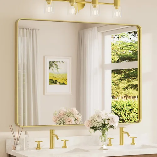 Vista 43 de TETOTE Espejo de marco dorado cepillado de 16 x 24 pulgadas, espejo de tocador de baño de latón dorado para pared, espejo enmarcado rectangular