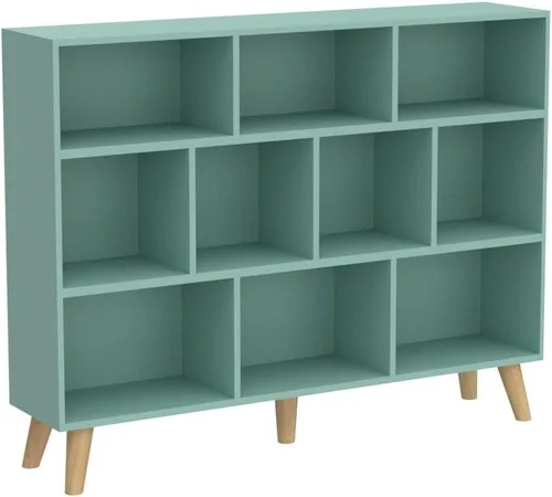 Vista 4 de IOTXY - Estantería de madera con espacios abiertos, 3 niveles, con patas, 10 cubos, color verde Tiffany