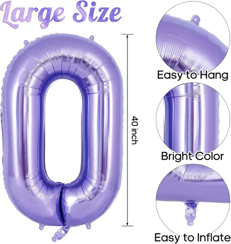 Vista 3 de Globo de número 0 púrpura de 40 pulgadas, globos grandes de papel de aluminio de helio con número, globos gigantes de mylar con número 0