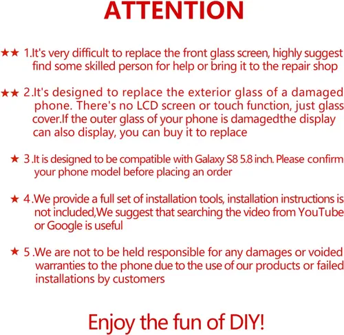 Vista 7 de Reemplazo de pantalla frontal de vidrio para Galaxy S8 – Compatible con Samsung Galaxy S8 G950 Series 5.8 pulgadas y kit completo de herramientas