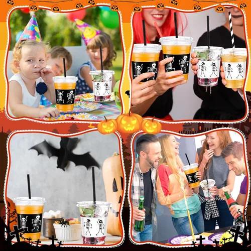 Vista 6 de Juego de 100 vasos de plástico de esqueleto para Halloween con tapas y pajitas, vasos reutilizables para fiesta de Halloween, 12 onzas, desechables