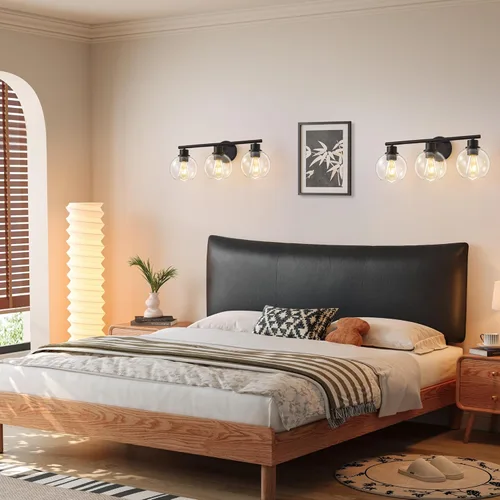 Vista 7 de Lámparas de baño sobre espejo, 3 luces, lámpara de tocador de baño con pantalla de vidrio transparente de 22 pulgadas, modernas luces negras