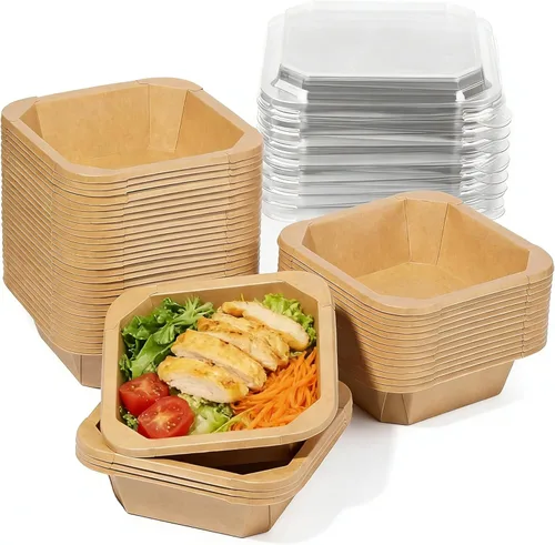 Vista 7 de Paquete de 25 envases de papel de 25 onzas, contenedores de alimentos desechables con tapas, cuencos desechables, cuencos de ensalada desechables