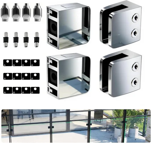 Abrazadera de vidrio – 4 soportes para vidrio templado de 1/3"-1/2", acero inoxidable 304, clip cuadrado trasero plano para barandilla, escalera,