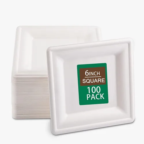 Vista 8 de SUT Platos de papel compostables de 10 pulgadas, 100 platos cuadrados biodegradables de bagazo, platos resistentes para microondas, platos