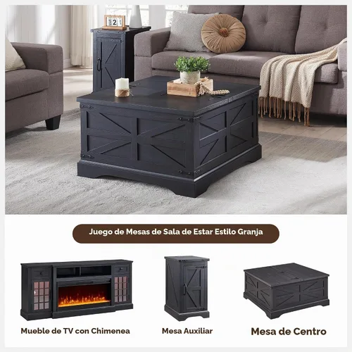 Vista 6 de JXQTLINGMU Farmhouse - Mesa auxiliar cuadrada elevable con gran almacenamiento de 36 pulgadas Mesa de sala de estar de madera con compartimento