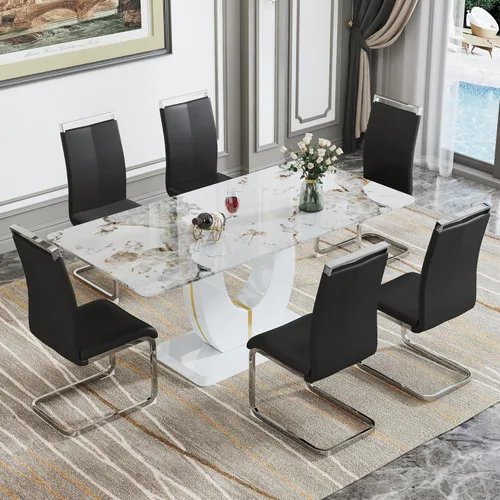 Vista 13 de JUFU Juego de mesa de comedor moderno para 4, juego de mesa de cocina rectangular de 63 pulgadas con mesa de mármol sintético y 4 sillas tapizadas