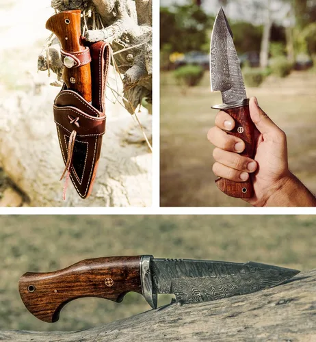 Vista 5 de LC - Cuchillo de caza de 10 pulgadas hecho a mano de Damasco y afilador de cuchillas, cuchillo de caza con vaina, cuchillo de supervivencia