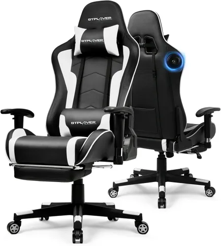 Vista 16 de GTPLAYER Silla de juegos con altavoces Bluetooth, respaldo y altura ajustables, reposabrazos 3D, reposapiés, silla ergonómica para computadora