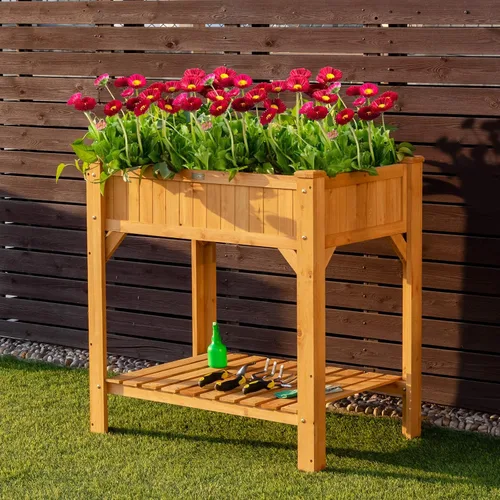 Vista 3 de Giantex Cama de jardín elevada, kit de maceta elevada con 8 rejillas y forro para hierbas, verduras, flores, contenedor de madera de abeto macizo al
