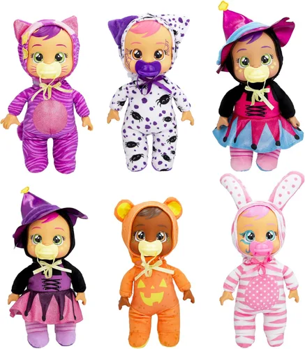 Vista 6 de Cry Babies Tiny Cuddles Halloween Bonnie - Muñecas de bebé de 9", llora lágrimas reales, pijamas con temática de calabaza naranja y amarilla