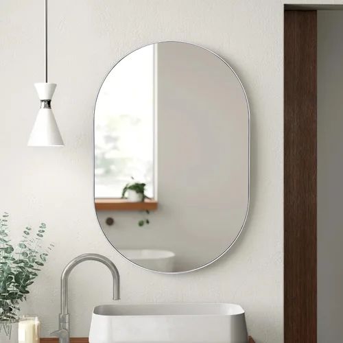 Vista 7 de TEEBARN Brushed Nickel Oval Bathroom Vanity Mirror 20x30 Pill Shaped Capsule Wall Mounted Mirror with Metal Frame Hangs Vertical & Horizontal