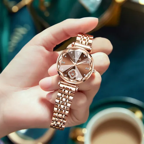 Vista 6 de Reloj de pulsera del cuarzo del diamante del oro rosa del acero inoxidable, reloj de moda de las señoras de la prenda impermeable