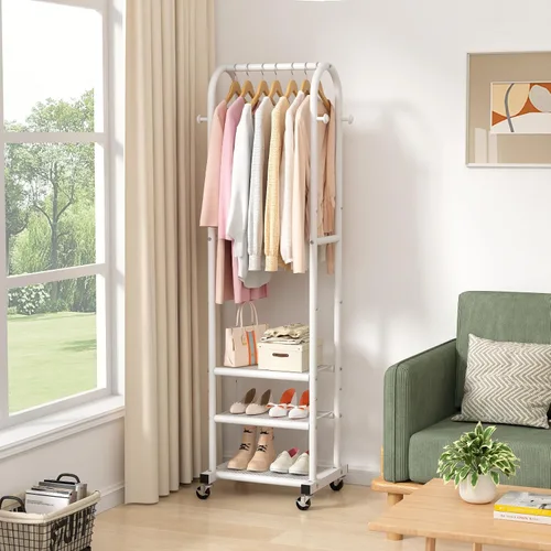 Vista 6 de Kaitiemoo Perchero de ropa resistente con ruedas, moderno perchero con 3 estantes de metal, estante de exhibición de 71.8 pulgadas para colgar ropa