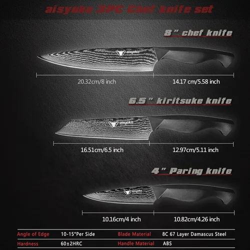 Vista 4 de Aisyoko 8C - Juego de cuchillos de damasco, 3 cuchillos de chef, cuchillos de cocina y pelar, acero inoxidable de alto carbono, mango ergonómico